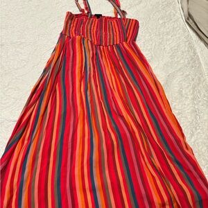 Stripe Multi Color Midi Challis Smocked Tiered Dress.